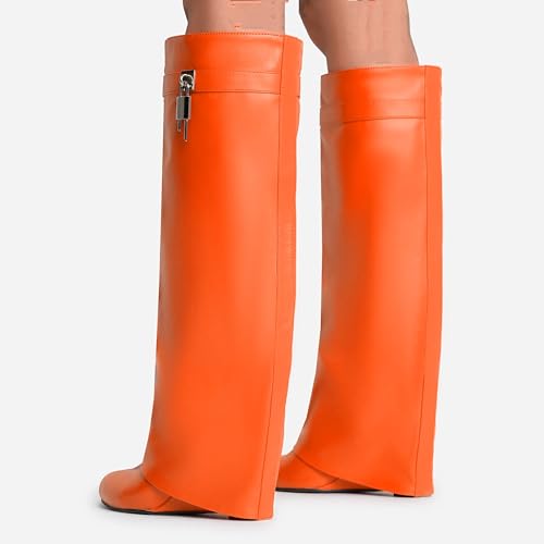 Image of keleimusi Fold Over Wedge Boots Heeled PadLock Pant Knee High Shoes Tall /Short Booties