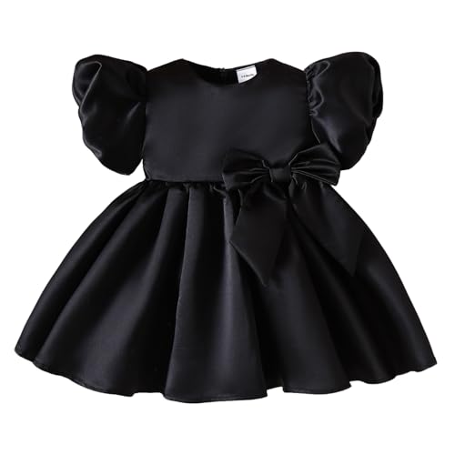 TENTIDE Baby Girls Black Satin Formal Dress Puff Sleeves A-Line Bow Party Wedding Outfits 3-24M(Black 12-18 Months)