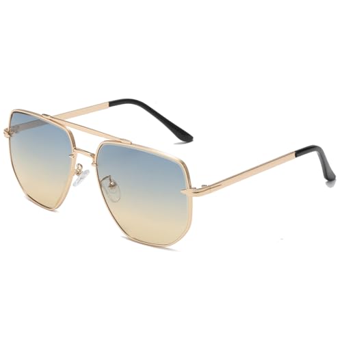 Long Keeper Retro Gafas de Sol Piloto Montura Metal Años 70 Gafas de Sol Cuadrada Hombre Mujer Oversized Gafas de Piloto Vintage Unisex UV400, 60 MM (Oro Montura - Azul Amarillo Degradado Lente)