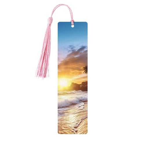 ビーチ 夕日 風景 木製 しおり DIY 木製クラフト しおり 木製吊り下げタグ カラフルなタッセル付き 木製ギフトタグ ラベル 本好きの方への珍しいギフト 男性 女性