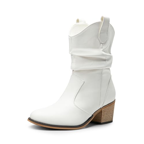 DREAM PAIRS Women's Modern Western Cowboy Boots, Mid Calf Round toe Chunky Heel Cowgirl Country Ankle Boots with Pull On Tabs,Size 7.5,White,SDMB2408W