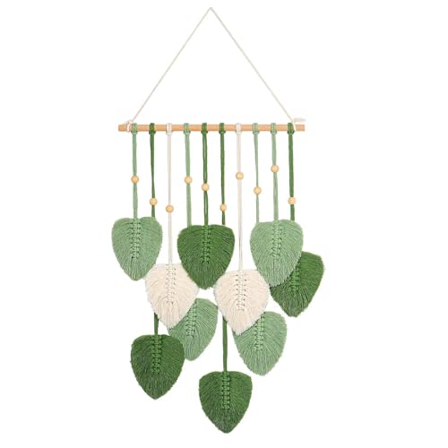 Macrame Wall Hanging Green Leaf Tassel Tapestry Bohemian Chic Home Decor Modern Handmade Leaves Feather Wall Art Decorations for Bedroom Living Room Apartment Ornament