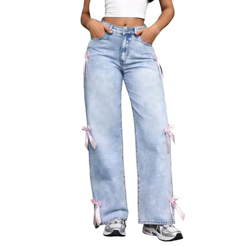 szvbofueck Pantalones vaqueros para mujer, cintura alta, pantalones vaqueros con lazos, pantalones rectos holgados, pantalones vaqueros holgados, pantalones de ocio, pantalones de ocio monocolor