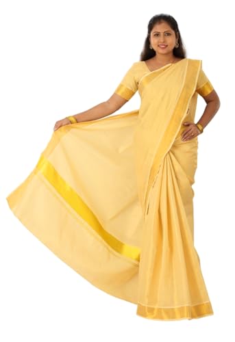 Image of Kerala Traditional Tissue Saree for Women with Running Blouse | South Indian Ethnic Saree for Weddings Onam Vishu Temple Wear & Festivals