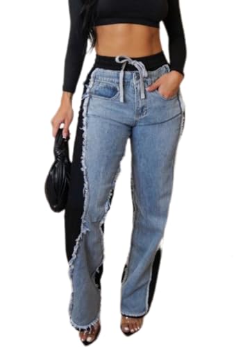 Vaceky Women's Denim Sweatpants Raw Trimmed Jeans Patch Layered Chunky Joggers with Pockets