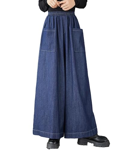 ellazhu Women's Pants Loose Causal Pocket Demin Pants Elastic Waist Wide Leg Solid Color GZ343 A
