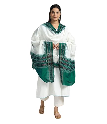 Image of Cotton Dupatta with weaving and Ikat woven border from the Weavers Stole for Girls & Women