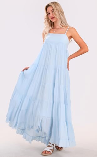 Image of loveimgs Women Summer Spaghetti Strap Smocked Maxi Dress Tiered Ruffle Sleeveless Long Flowy Dress Beach Sundress
