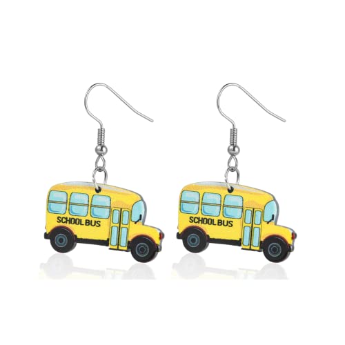 Silver earrings with yellow school buses attached