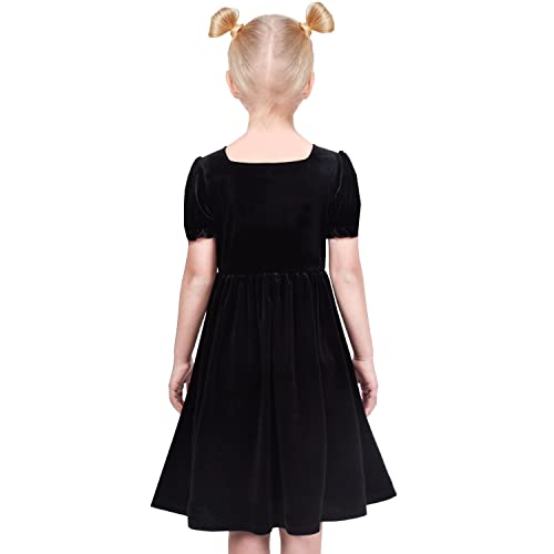 Sunny Fashion Girls Dress Black Velvet Short Sleeve Pearl Vintage Party Casual3
