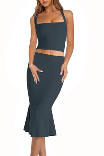 Image of CHYRII Womens Two Piece Sets Sleeveless Squre Neck Cropped Top Bodycon Midi Skirt Midi Dress Outfit