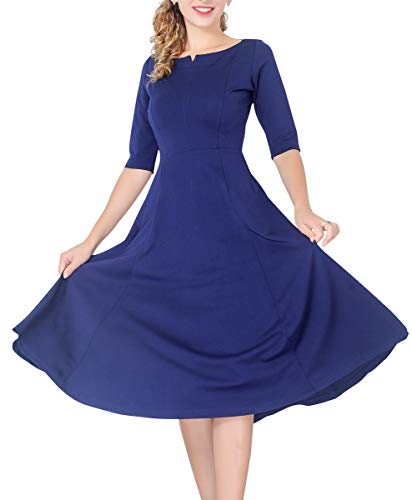 Marycrafts Women's Fit Flare Tea Midi Dress for Office Business Work 12 Dark Blue