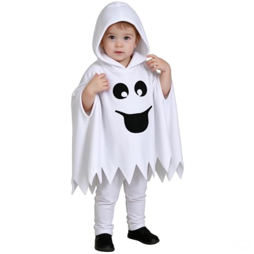Noubeau Toddler Baby Boys Girls Halloween Costume White Ghost Cloak Hooded Top Black Long Pants Fancy Dress Cosplay Clothes (White-1,5-6 Years)