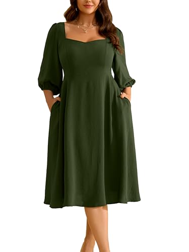 RWJ Plus Size Dress for Women Fall 3/4 Sleeve Sweetheart Neck Aline Casual Wedding Guest Formal Midi Dresses with Pockets