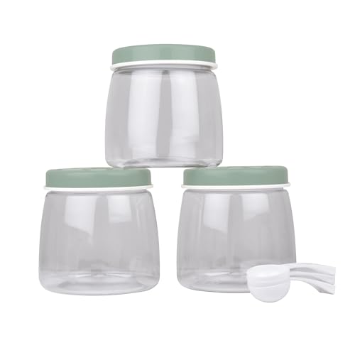 Image of FLAIR Cubics BPA-Free PET Plastic Airtight Food Storage Containers Set of 3 (1000ml Each) with Spoon - Green, Stackable Pantry Jars for Rice, Sugar, Flour, Cereals, Pulses, Snacks & Dry Fruits