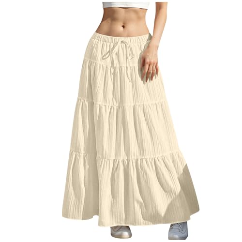 Boho Maxi Skirt Drawstring Pleated Ankle Length High Waist Summer A-Line Long Peasant Skirts Trendy Beach Outfits