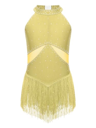Kvysinly Mädchen Tanzkleid Fransen Ballettkleidung Glitzer Ballettkleid Tanzbody Trikot Kleid Wettbewerb Rock Tanzkostüme Gelb 110-116
