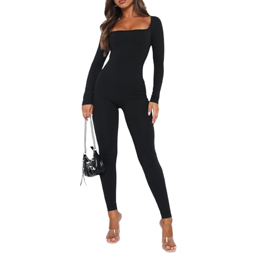 Loalirando Tutina Donna Aderente Tuta Intero Donna Sexy Collo Quadrato Bodycon con Manica Lunga Jumpsuit Elegante Playsuit Sportiva (Nero, S)