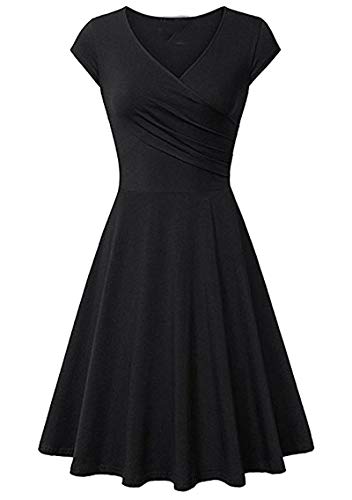 YMING Women 1950s Fit and Flare Dress Sexy V Neck Dress Wedding Midi Dress Black 3XL