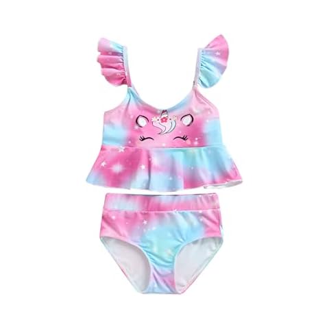 Girls' Swimwear Unicon Toddler Swimsuit Rainbow Colored Ruffle 2-Piece Bikini Tankini Set Ruffle Beachwear Bathing Suit, Blue Purple, 4-5 Years Cover