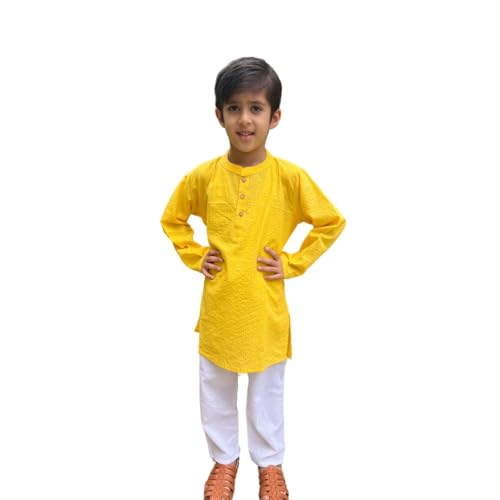 Image of Boys Cotton Kurta Pajama Set - Kurta with White Pajama | Traditional Indian Wear for Kids | Festive, Wedding & Party Outfit