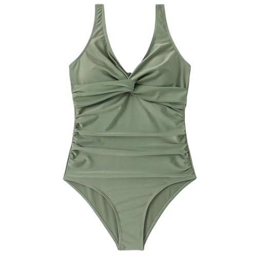 LHAODDUO Traje de baño de Playa for Mujer, Monokini con Escote en V Profundo, Acolchado, sin Aros, Plisado, for Deportes acuáticos(Green,L)