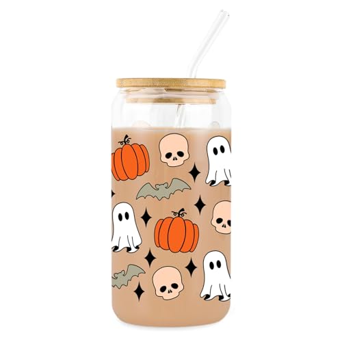 CharmBurst Halloween Glass Mug with Lid and Straw, 16oz Pumpkin Ghost Skull Design, Spooky Iced Coffee Tumbler, Autumn Drinking Glass Gift for Women Teenagers Decor