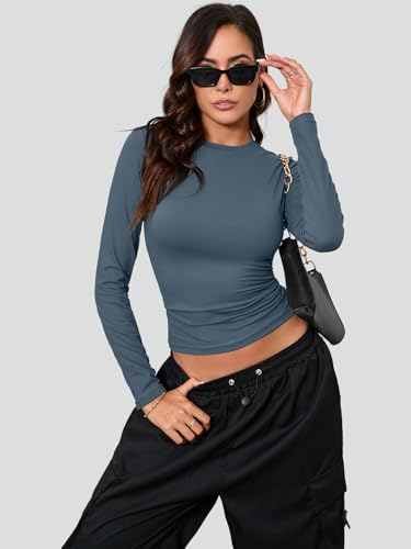 SKYZOO Long Sleeve Shirts for Women Basic Trendy Crop Tops Tight Slim Fit Cute Going Out Tops Teen Girls Fall Y2k Clothes Outfits 2024 Black,Haze Blue S