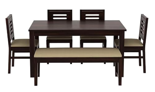 Image of AADITYA WOODS Solid Sheesham Wood Six Seater Dining Table Set with Chairs & Bench for Living Room Home Wooden 6 Seater Dining Table for Home Office Dining Room Set- Walnut & Cream