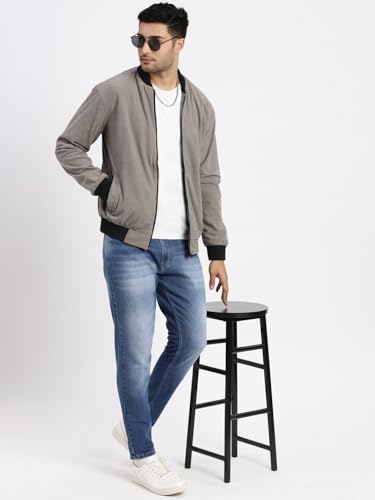 Image of SHOWOFFFF Men Solid Bomber Jacket | Mandarin Collar Full Sleeves Corduroy Jacket for Mens | Slim Fit Regular Length Jacket for Men's