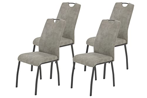 Hela Tische, Elif Lot de 4 Chaises de Salle à Manger et de Cuisine, Microfibre Grise, Piètement Métallique Gris à 4 Pieds, Dossier avec Poignée, Capacité...