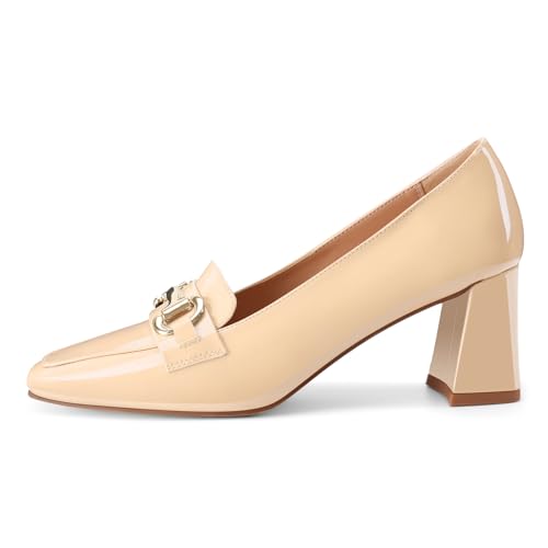 Image of Womens Mid Block Chunky Heeled Loafers Closed Square Toe Patent Leather Comfortable Slip On Pumps Metal Chain Basic Classic Casual Work Office Dress Shoes 2.8 Inches Heels