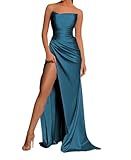 Vestido de dama de honor de satén para mujer, con abertura, vestido de graduación, plisado, vestido de cóctel, talla grande, azul petróleo, 38