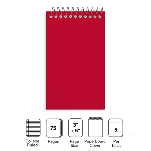 1Intheoffice Wirebound Spiral Memo Books, Memo Pads, 3" X 5", College Ruled, Small Notepad 3X5, Assorted, 75 Sheets/Pad, 5 Pads/Pack (5) #TOP1