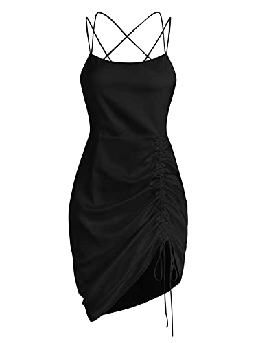 ZAFUL Women s Sleeveless Spaghetti Strap Backless Silky Satin Cinched Side Ruched Cami Mini Dress(c-Black, M)