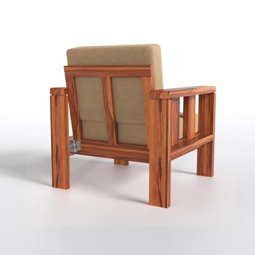 Image of Sheesham Wood 1 Seater Sofa Set with Beige Cushion for Living Room, Office, Sofa 1 Seater Sofa Wooden Sofa Set in Natural Teak Finish