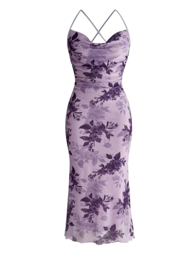 Image of SOLY HUX Women's Floral Mesh Bodycon Cami Dress Cowl Neck Sleeveless Cocktail Party Wedding Guest Long Maxi Dresses