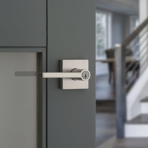 Image of Kwikset Halifax Entry Door Handle with Lock and Key, Secure Keyed Reversible Lever Exterior, For Front Entrance and Bedrooms, Satin Nickel, 10 Pack, Pick Resistant SmartKey Rekey Security and Microban