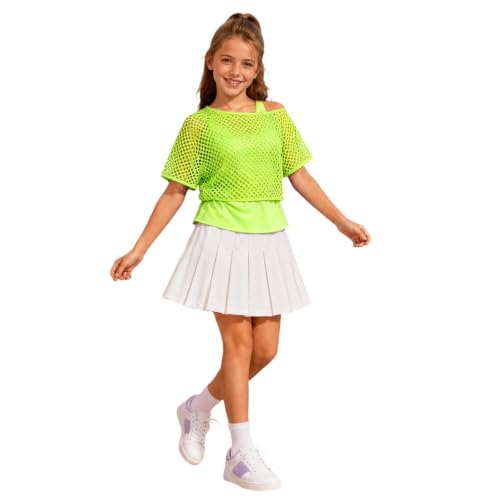 Girls Fishnet Off Shoulder Top with Tank Top, 80s 90s Neon Costume Outfit - image 6