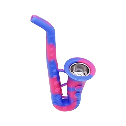 Image of Kookee Silicone Unbreakable Saxophone Smoking Pipe, Tobacco Pipes with Steel Bowl, Blue and Pink