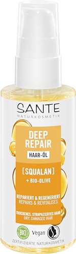 SANTE Naturkosmetik Deep Repair Haar-Öl Squalan + Bio-Olive, veganes Haarpflegeöl für intensiv gepflegtes und seidig geschmeidiges Haar, repariert und regeneriert strapaziertes Haar, 75 ml