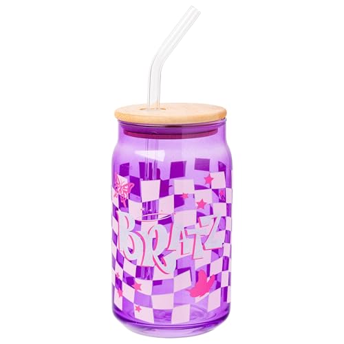 Silver Buffalo Bratz Logo Retro Groovy Purple Checkered Glass Jar Tumbler with Bamboo Lid and Glass Straw, 16 Ounces
