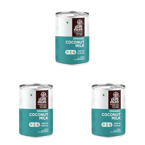 Image of Pure & Sure Organic Coconut Milk 400ML | 100% Naturally Processed Unsweetened Nariyal Milk | Rich & Creamy Texture for Cooking & Baking | Enriched With Nutrients | No Additives (Pack of 3)