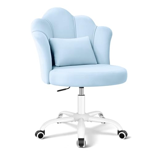 BestGlory Petal Vanity Chair with Wheels 3.15 Extra Thick Comfy Makeup Chair Adjustable Modern Swivel Armless Desk Chair for Girls Women Aesthetic Small Office Chair for Bedroom Dorm Blue