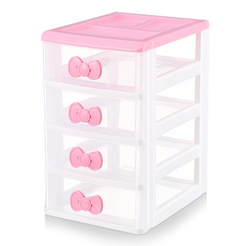 Girls Cute Lovely Color Storage Box Makeup Organizer with 4 Layers Cute Storage Cabinet Box with Bow Handle Desktop Storage Box for Home Bedroom Bathroom Women Girl Gifts (Pink)