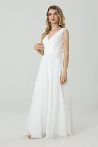 Image of Ivory Lace A-line Boho Wedding Dress Chiifon V-Neck Long Zipeer Beach Bride Gowns for Women