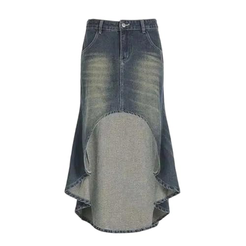 Womens Vintage Straight Denim Skirt Washed Retro Irregular Design High Waist Casual Jean Skirt