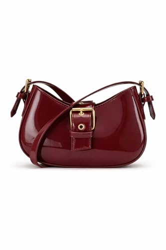 Image of Korean Style Leather Shoulder Bag with Buckle Glossy Finish Crossbody Purse for Daily Use Travel & Shopping Phone Purse with Adjustable Strap Lightweight Trendy Bag for Girls