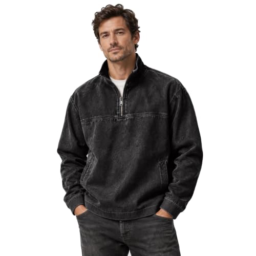 Men's Denim Shirt Washed Retro Quarter Zip Pullover Top Denim Top - image 1