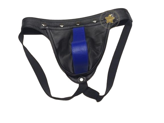 Men's Genuine Black & Blue Leather Jockstrap, Men Leather Thong, Cod-piece Jockstrap,BDSM Bondage Jockstrap